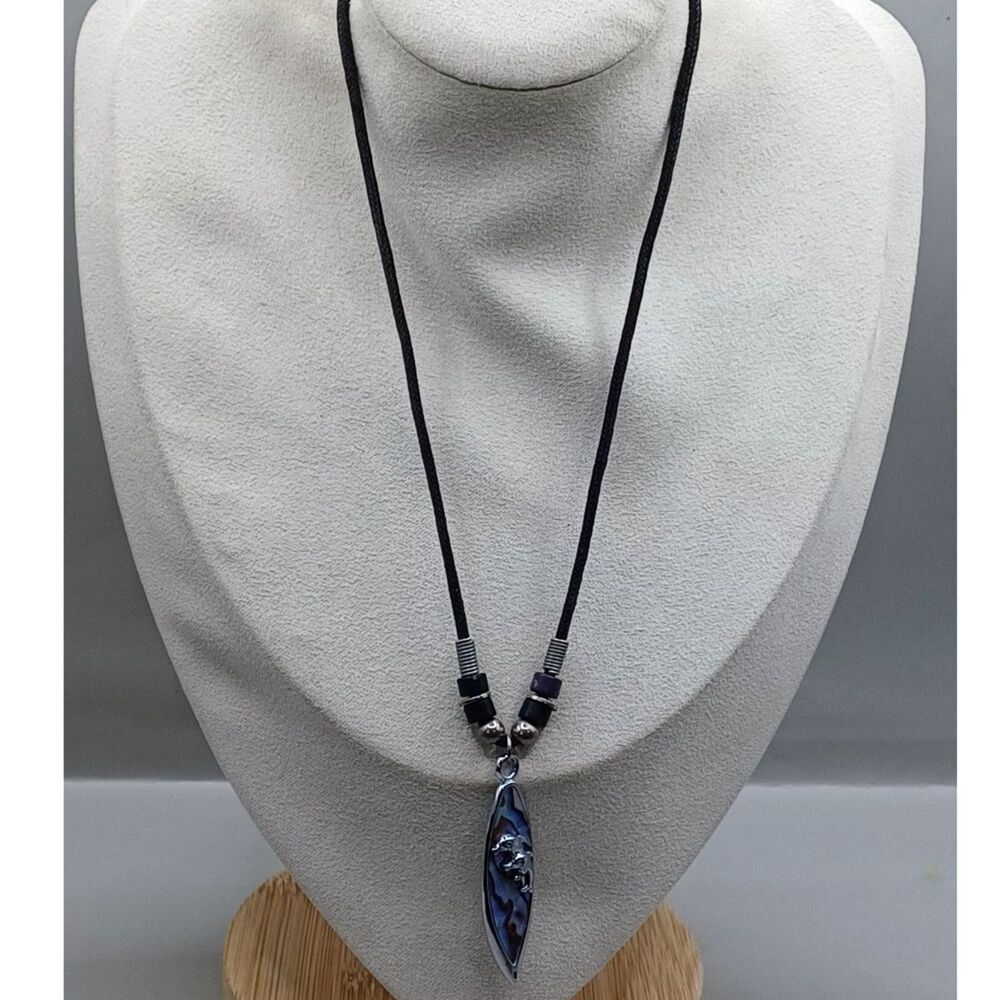 Vintage Ocean Abalone Pendant Necklace with Silver Toned Dolphins on Black Cord